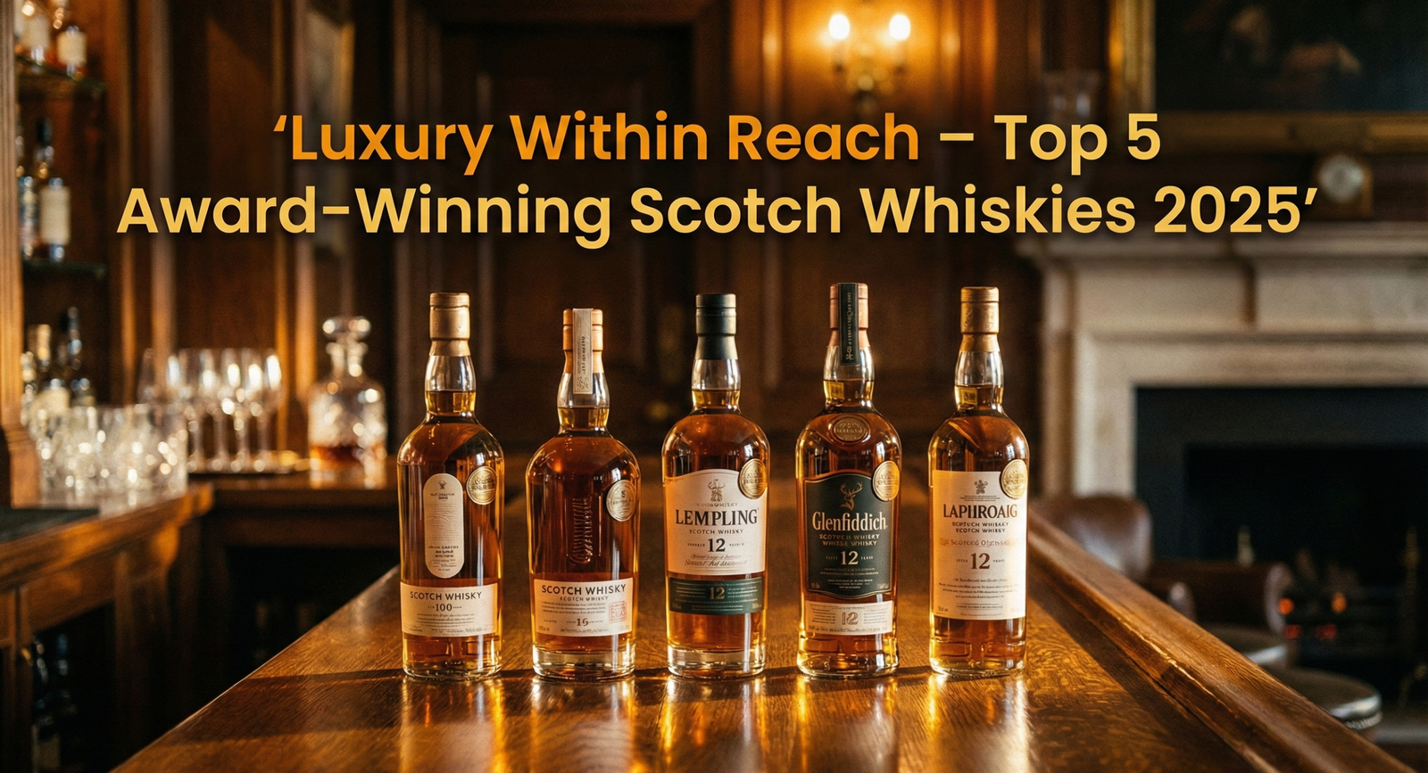 Premium collection of five award-winning Scotch whiskies under $60 displayed elegantly on a wooden bar with warm amber lighting.