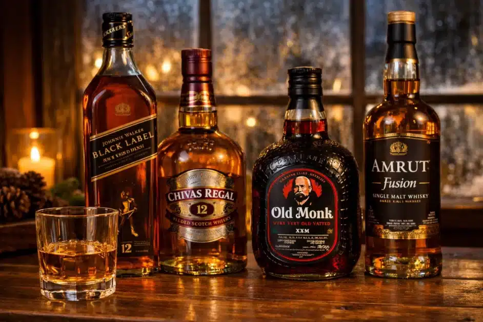 Best winter alcohol brands including whisky, rum and brandy on a warm wooden bar setup